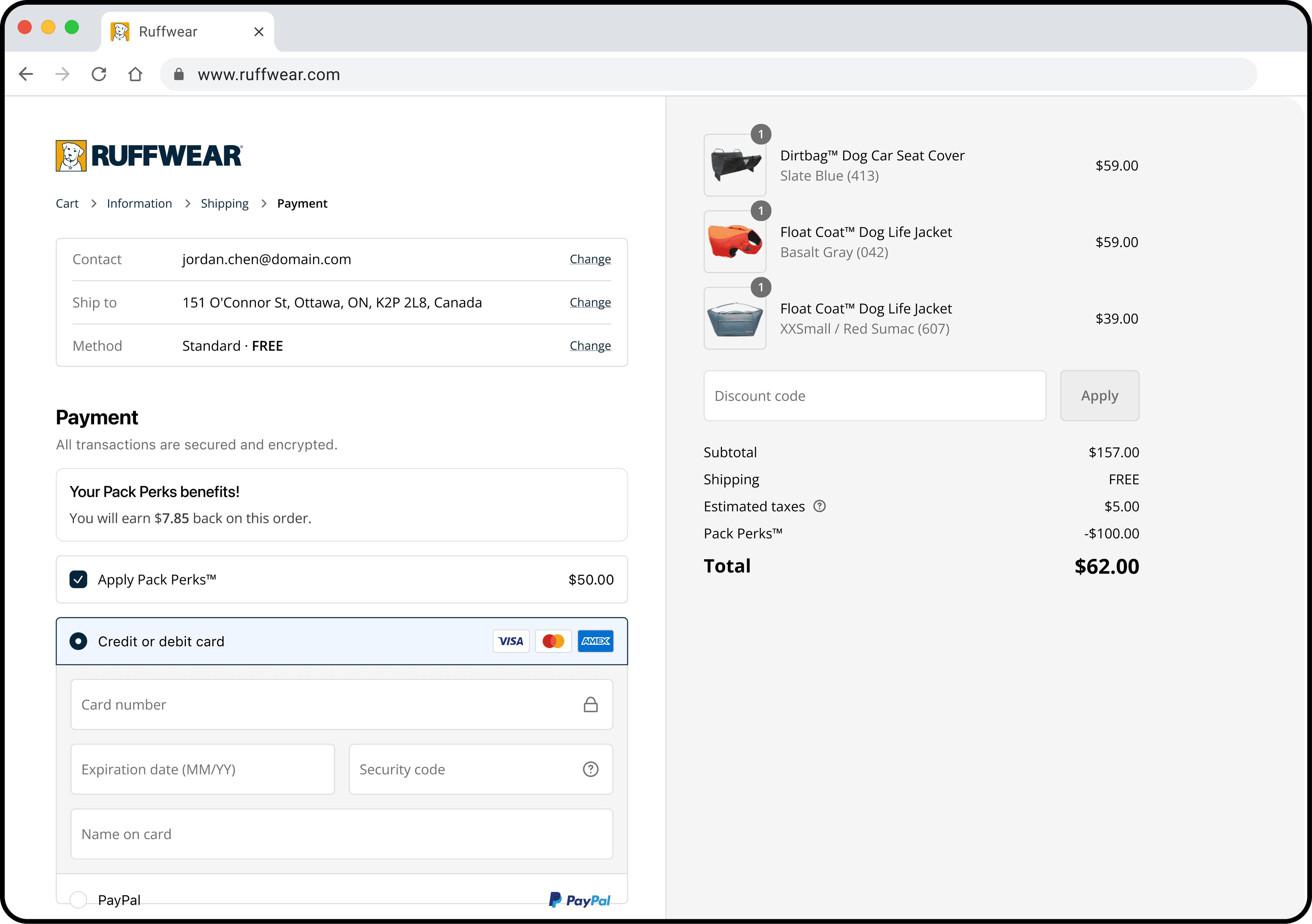Ruffwear checkout page showing Pack Perks benefits with store credit being applied